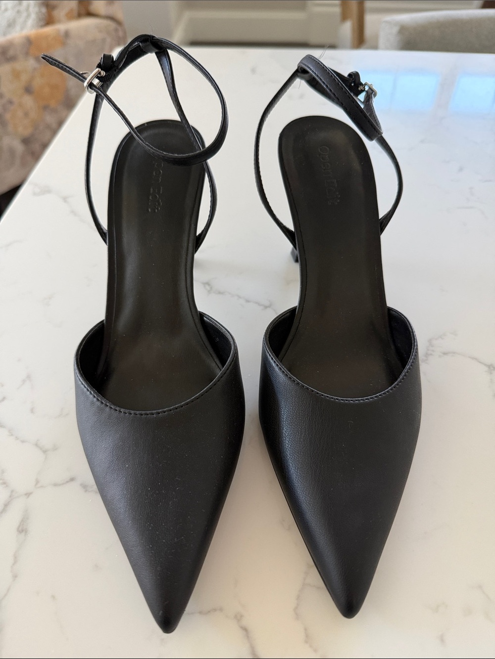 Pointed Toe Black Ankle Strap Heels